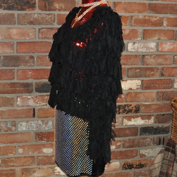 Minkas SHAGGY Black KNIT Ribbon FRINGE CARDIGAN SWEATER XL - Picture 8 of 8